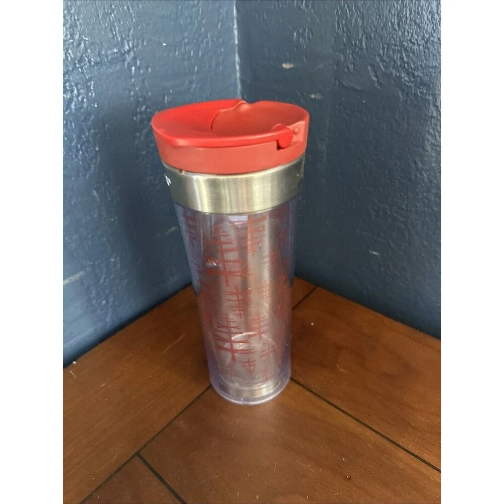 Starbucks Christmas Tumbler 2009 Red Pine Trees Holiday Plastic Travel Cup 12oz